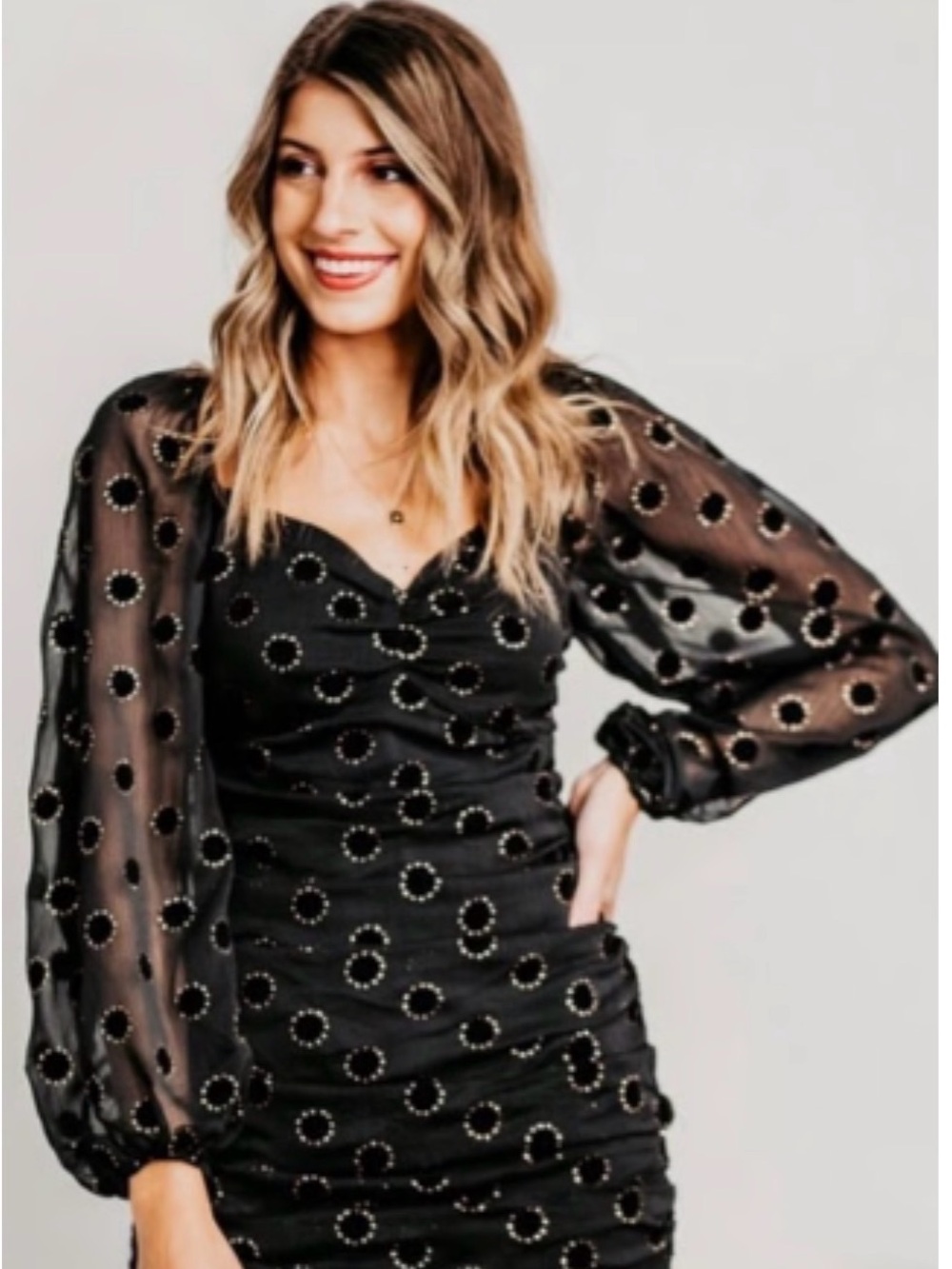 NWT Black Sheer Long-Sleeve Circle-Embellished Dress (S)